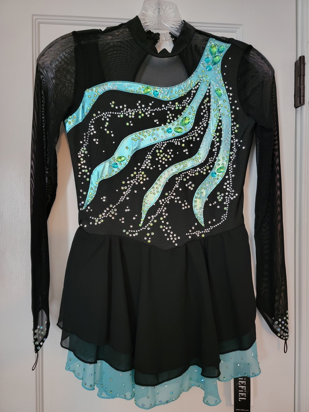 Figureskating Dress: Girls Size 12 Black & Teal with Glass Crystal Rhinestones.